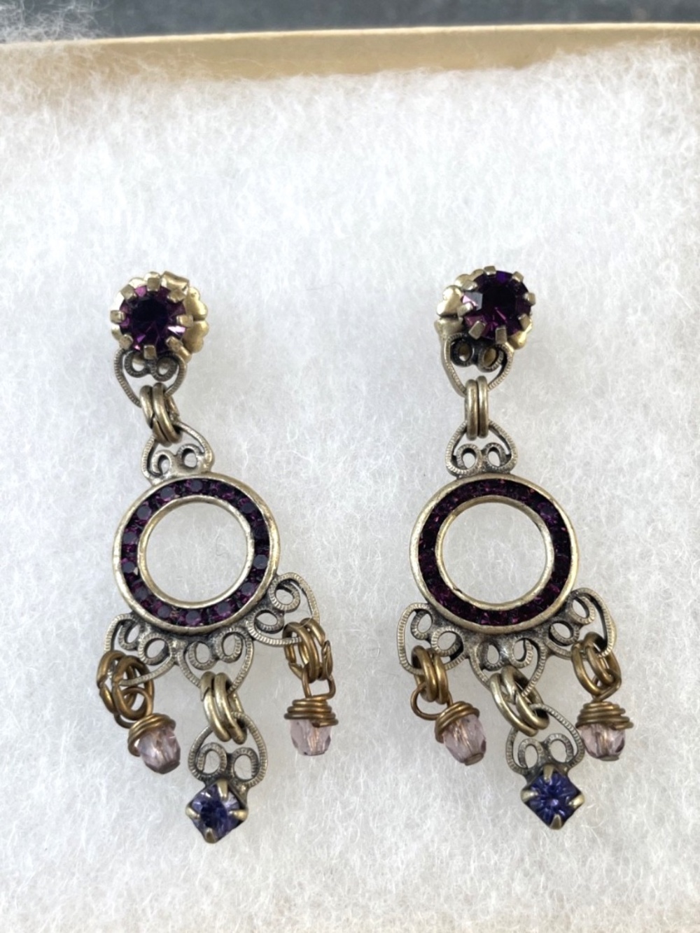 Vintage stye bronze tone purple stone Chandelier Earrings